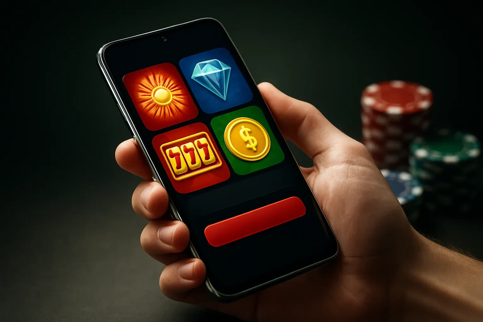 Flagship Android smartphone showing premium casino app interface, dramatic studio lighting