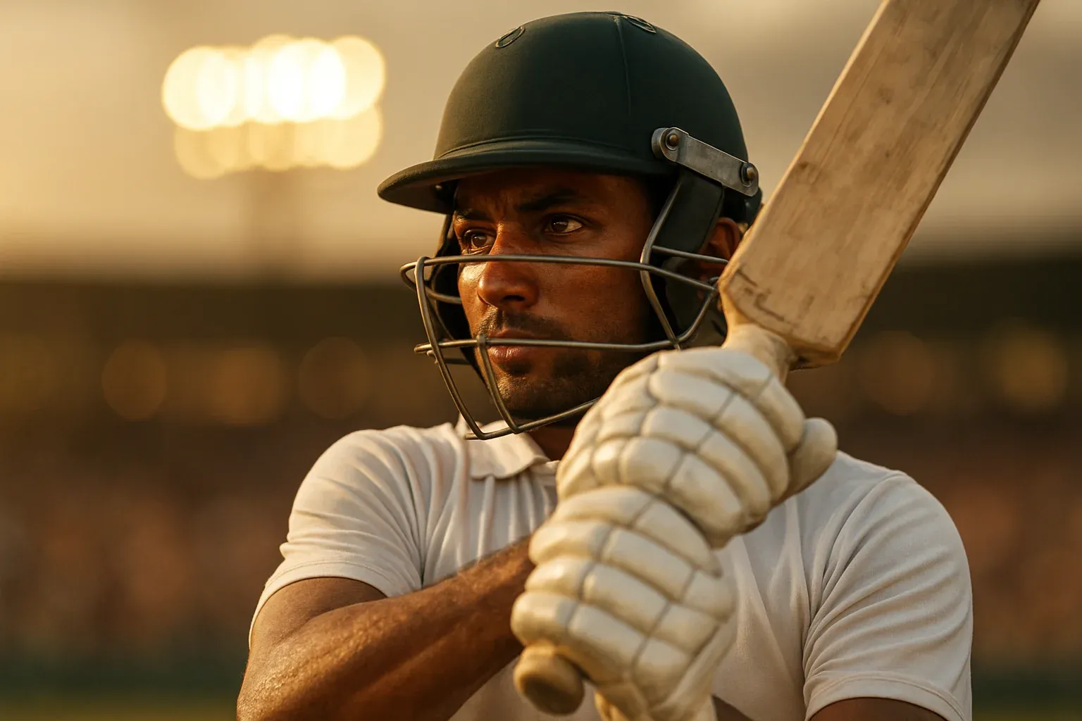 Hyperrealistic close-up of Bangladeshi cricket batsman mid-swing under stadium floodlights