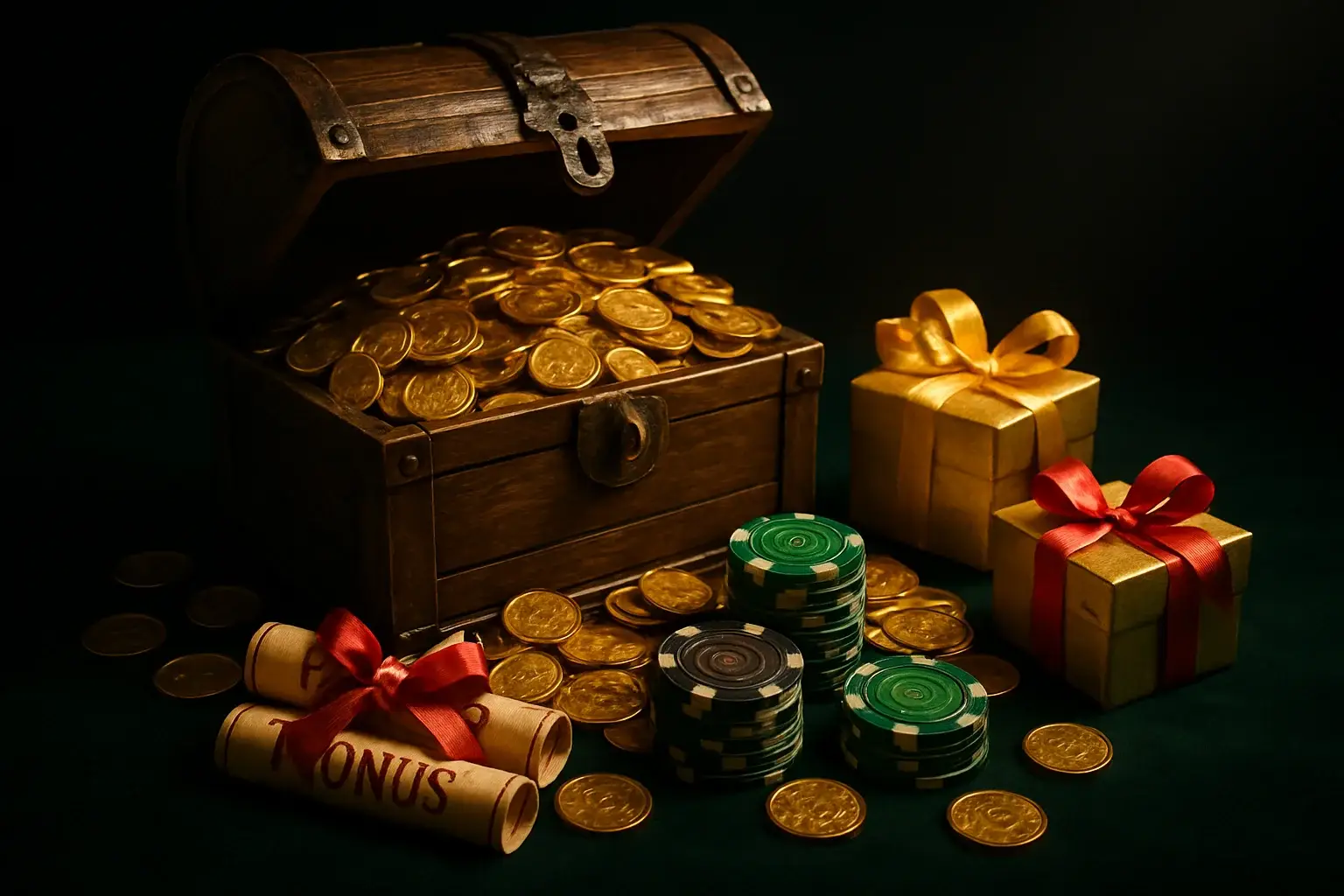 Overflowing treasure chest with gold coins, casino chips, bonus vouchers, gift boxes