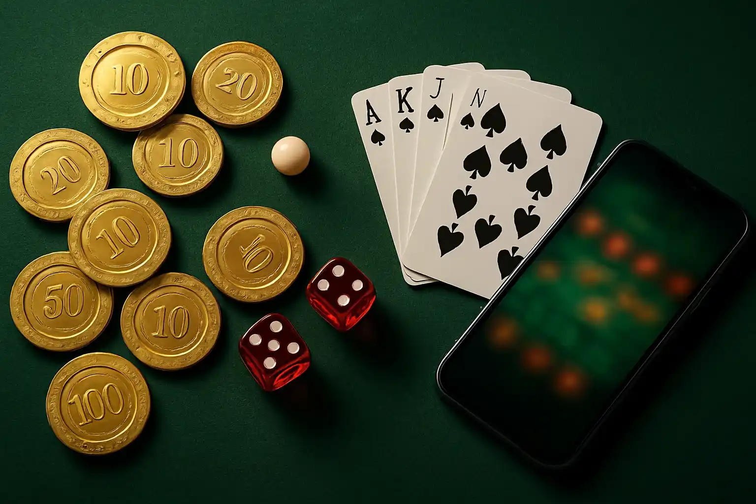 Top-down casino table with golden chips, cards, dice, roulette ball, smartphone