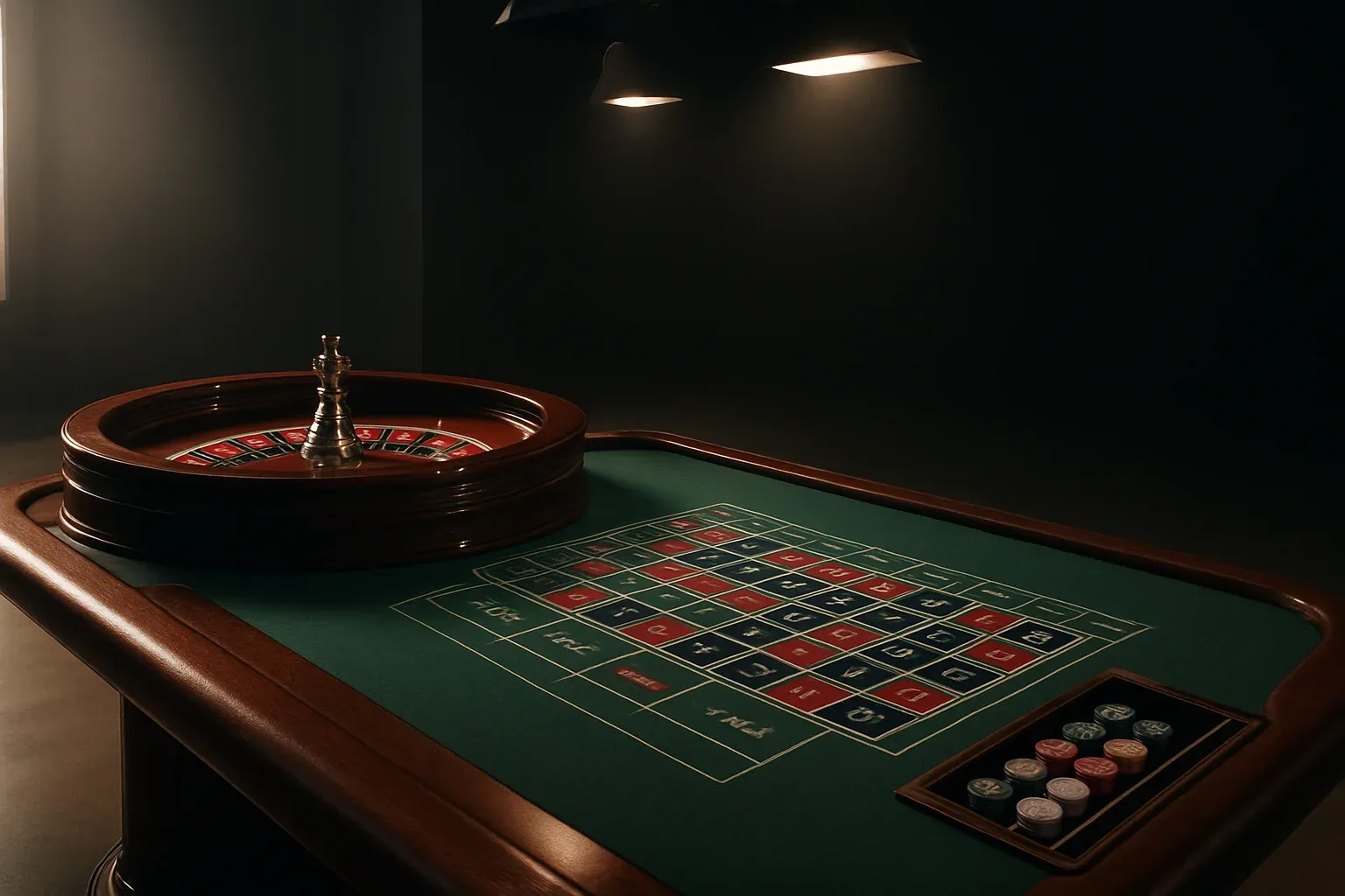 Hyperrealistic wide shot of empty roulette table in premium live casino studio