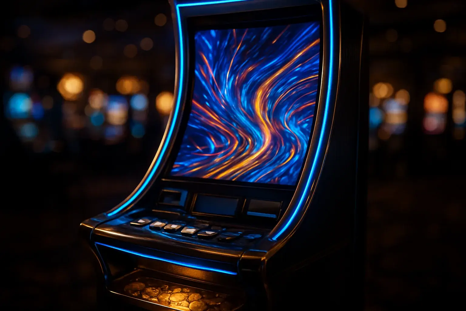 Hyperrealistic wide shot of premium slot machine in dark luxury casino